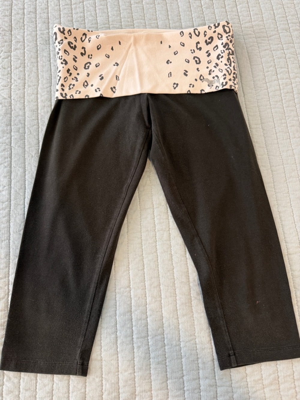 PINK Victoria's Secret Black Capri Leggings with Pink Leopard Fold-Over Waist